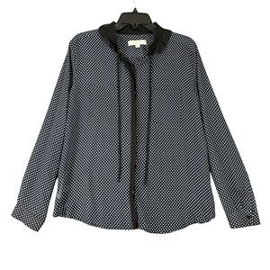 Ann Taylor LOFT Polka Dot Button Down Blouse Tie Neck Ruffle Collar Navy L Women